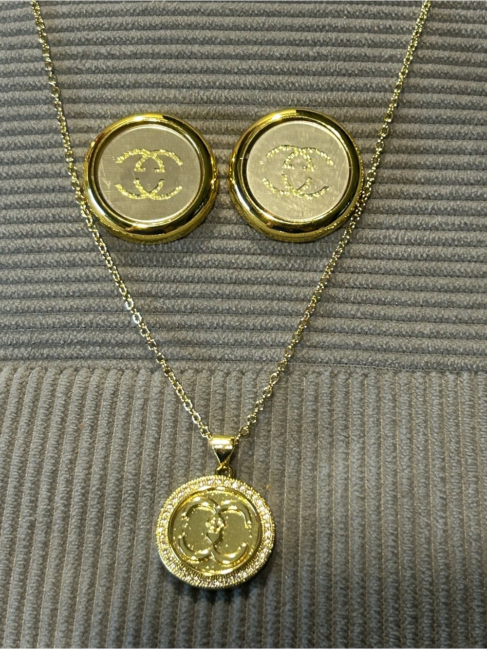Gold-Tone Lettered C Medallion Necklace and Matching Earrings